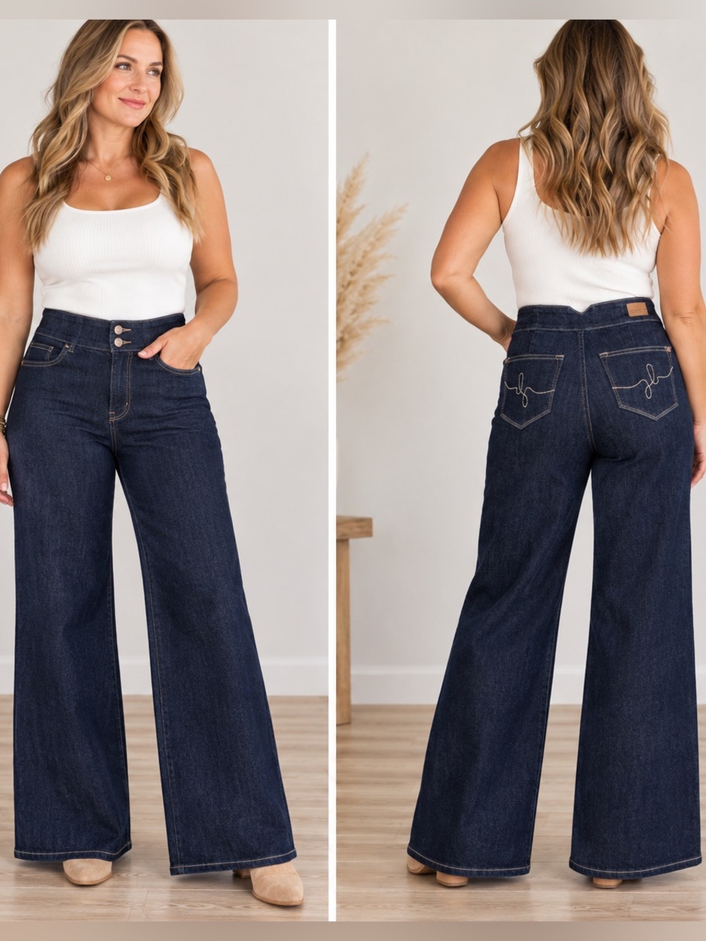 Judy Blue High Rise Dark Rinse Geometric Waist Wide Leg Jeans 13/31